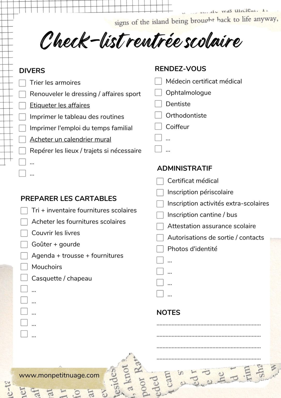 Organisation La check list de la rentrée scolaire de septembre PDF à