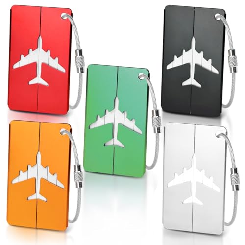 5 Pcs Etiquette Valise, Etiquette Bagage Aluminium avec Cordon Inox et Carte PVC étanche Étiquette Valise pour Sac de Voyage, Valise, Sacs à dos (7,5 x 4,5 cm, 5 Couleurs)