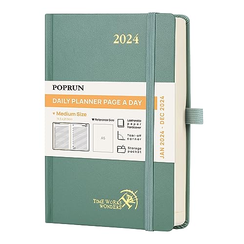 POPRUN Agenda 2024 Journalier 21,5 x 14,5cm, 1 Page par jour de jan 2024 à déc 2024 avec Couverture Rigide, Signets ruban, Poche intérieure, Papier Certifié FSC®80 g/m²- Vert Minuit