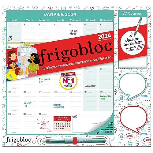 Frigobloc Mensuel 2024 avec Stylo 4 couleurs (de janv. à déc. 2024)
