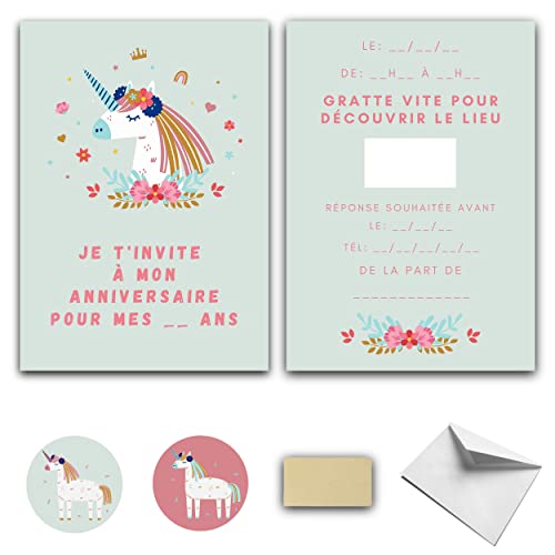 RXLITE Kit créatif premium de 10 Cartes d'invitation anniversaire à gratter thème Licorne en français: 10 cartons, 10 enveloppes blanches, 10 stickers et 10 autocollants dorés à gratter