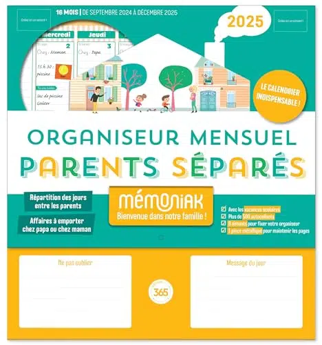 Organiseur Mémoniak Parents séparés, calendrier mensuel (sept. 2024- déc. 2025)