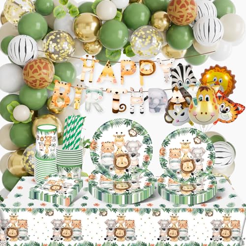 Decoration Anniversaire Animaux de la Jungle, Vaisselle jetable Anniversaire Jungle Vert, Decoration Anniversaire Jungle Papier avec Bannière d'anniversaire d'animaux,Assiettes en Papier, Serviettes