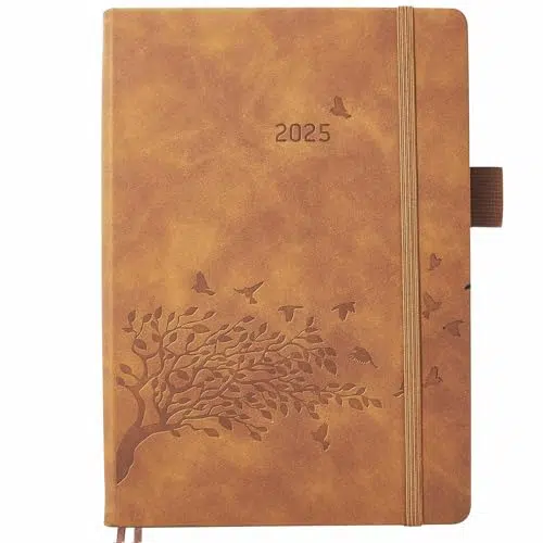 Agenda 2025 Journalier une Page par Jour A5, Onglets Mensue, Notes, Poche Arrière, Porte-stylo, Signet ruban 2, Couverture Rigide PU Cuir, Planificateur Quotidien Familial Scolaire Bureau, Jan à Déc