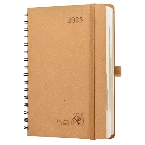 POPRUN Agenda 2025 A5 Journalier 21,5 x 14,5 cm - Couverture Spirale Écologique biodégradable, 1 Page par Jour, D'Jan 2025 à Déc 2025, Onglets Mensuels, Papier 80 g/m², Brun désert-DST