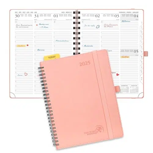 POPRUN Agenda 2025 Semainier 22 x 16,5 cm - Couverture Souple en PU Cuir Spirale, Vertical Planner, D'Jan 2025 à Déc 2025-12 Mois, Avec règle signet, Papier Certifié FSC® 100 g/m², Rose