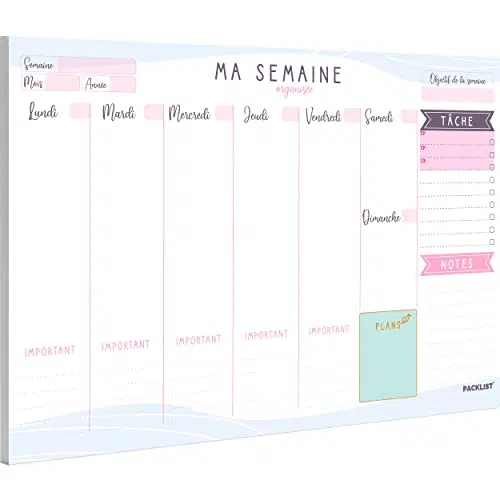 PACKLIST Planning Semaine - Planificateur Hebdomadaire A4 - Weekly Planner, Agenda To Do List Bloc Note - Agenda Semainier Francais - Planning Hebdomadaire Au Design Exclusif