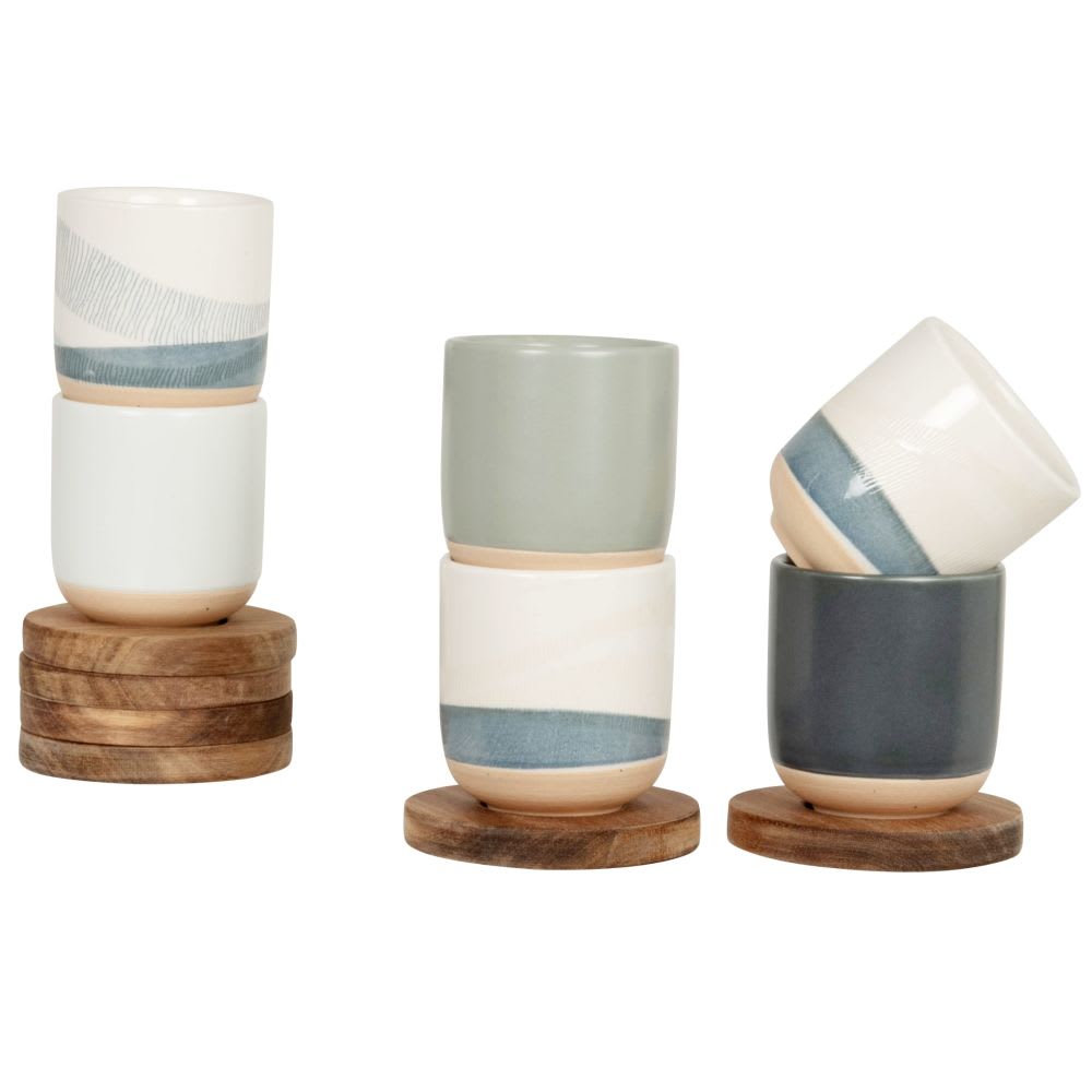 coffret tasses en ceramique bleue et creme x soucoupes en bois d acacia