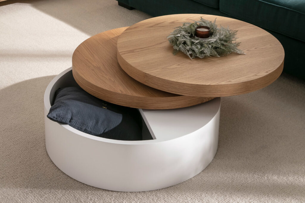 table basse ronde avec plateaux pivotants et rangement blanc et bois clair chene d cm icon f a ad